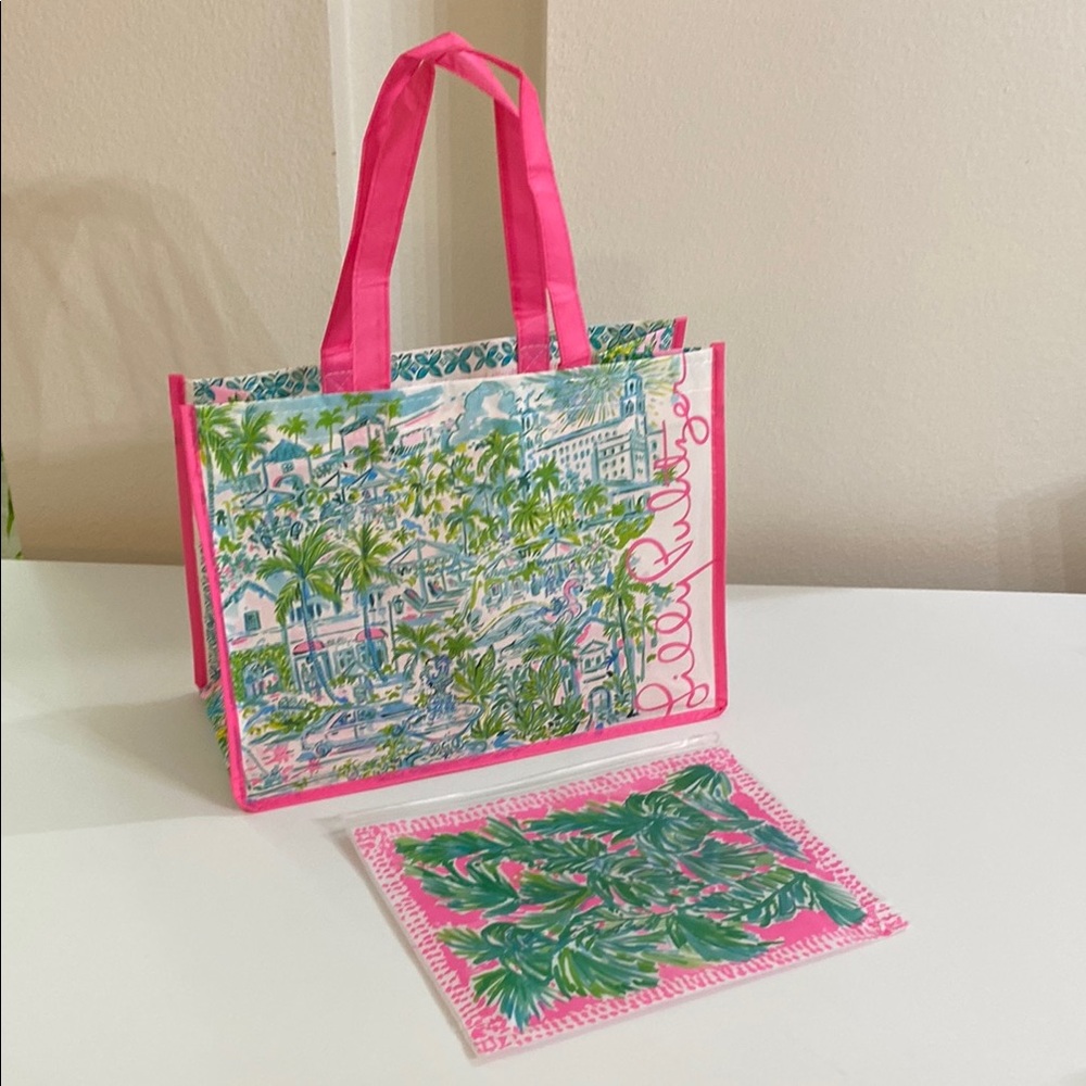 Lilly Pulitzer Pink and Green Tote Bag with zipper punch